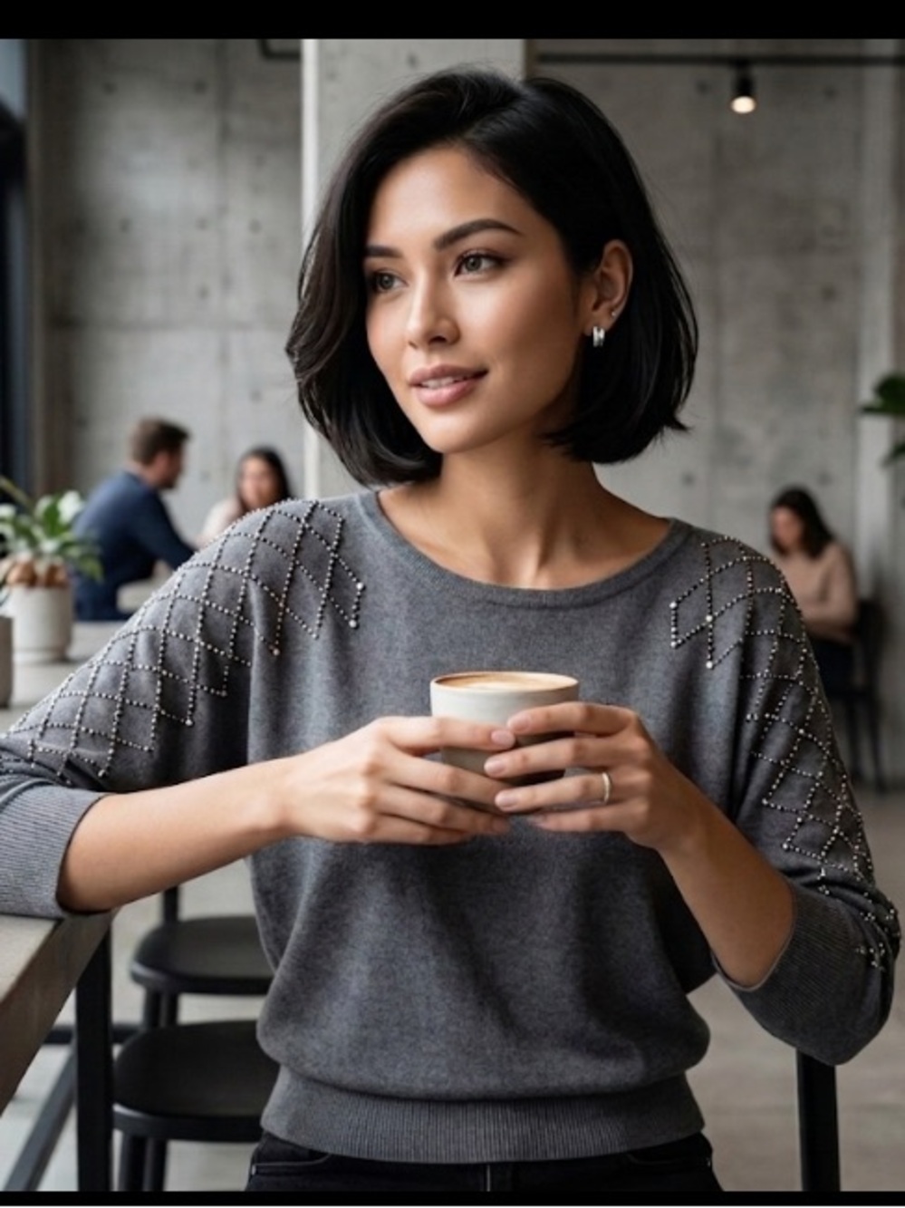 89th & Madison Gray Crewneck Sweater with Beaded Sleeves